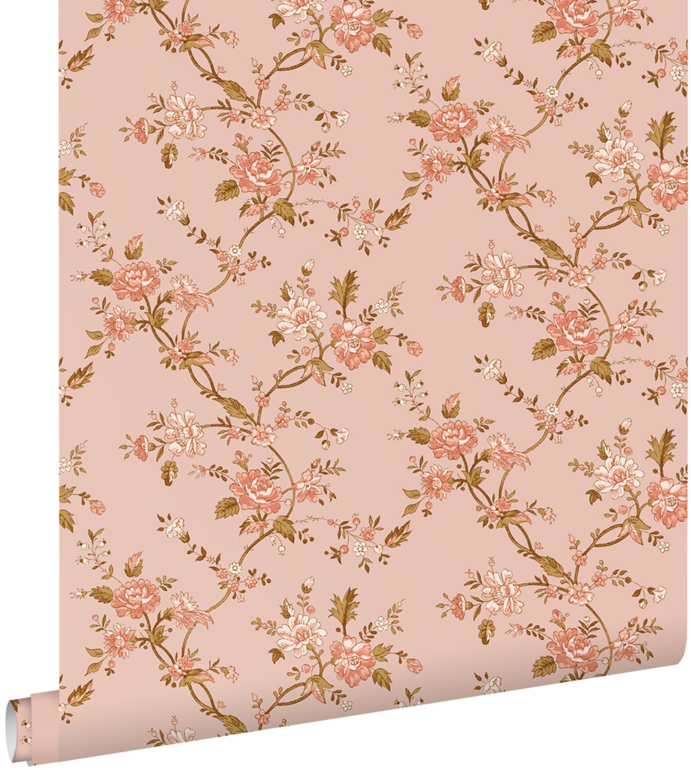 Tapeta zabytkowe kwiaty terakoty różowej - 50 x 900 cm - ESTAHOME