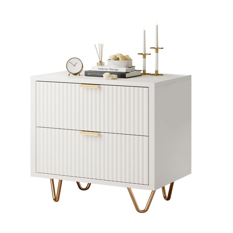 Lot de 2 tables de chevets - 2 tiroirs coulissants - Façade ondulée - Piètement épingle métal doré - Panneau de particules blanc - 8