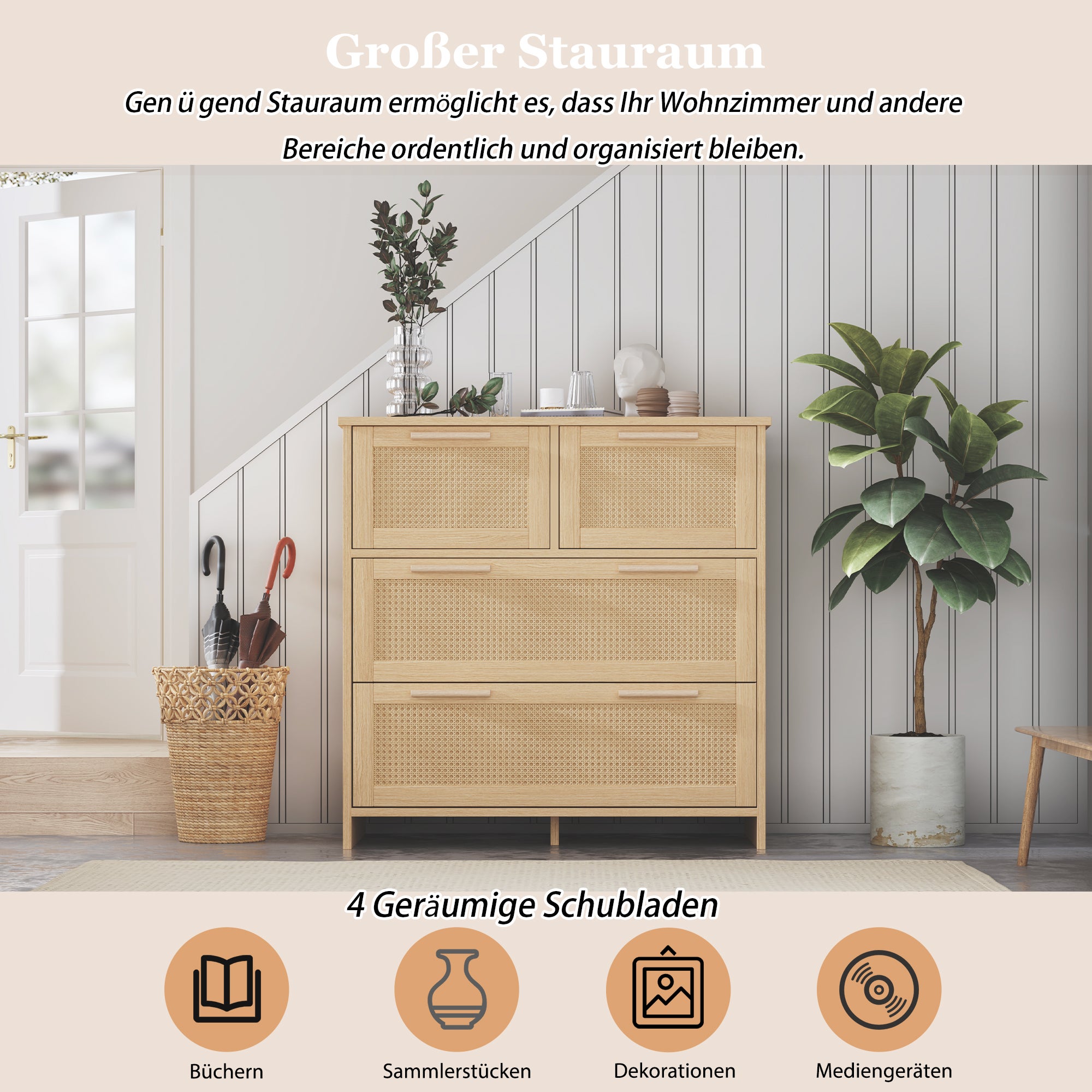 Commode avec 4 tiroirs - poignées en bois massif - coloris chêne - 80 x 38 x 80 cm - 9