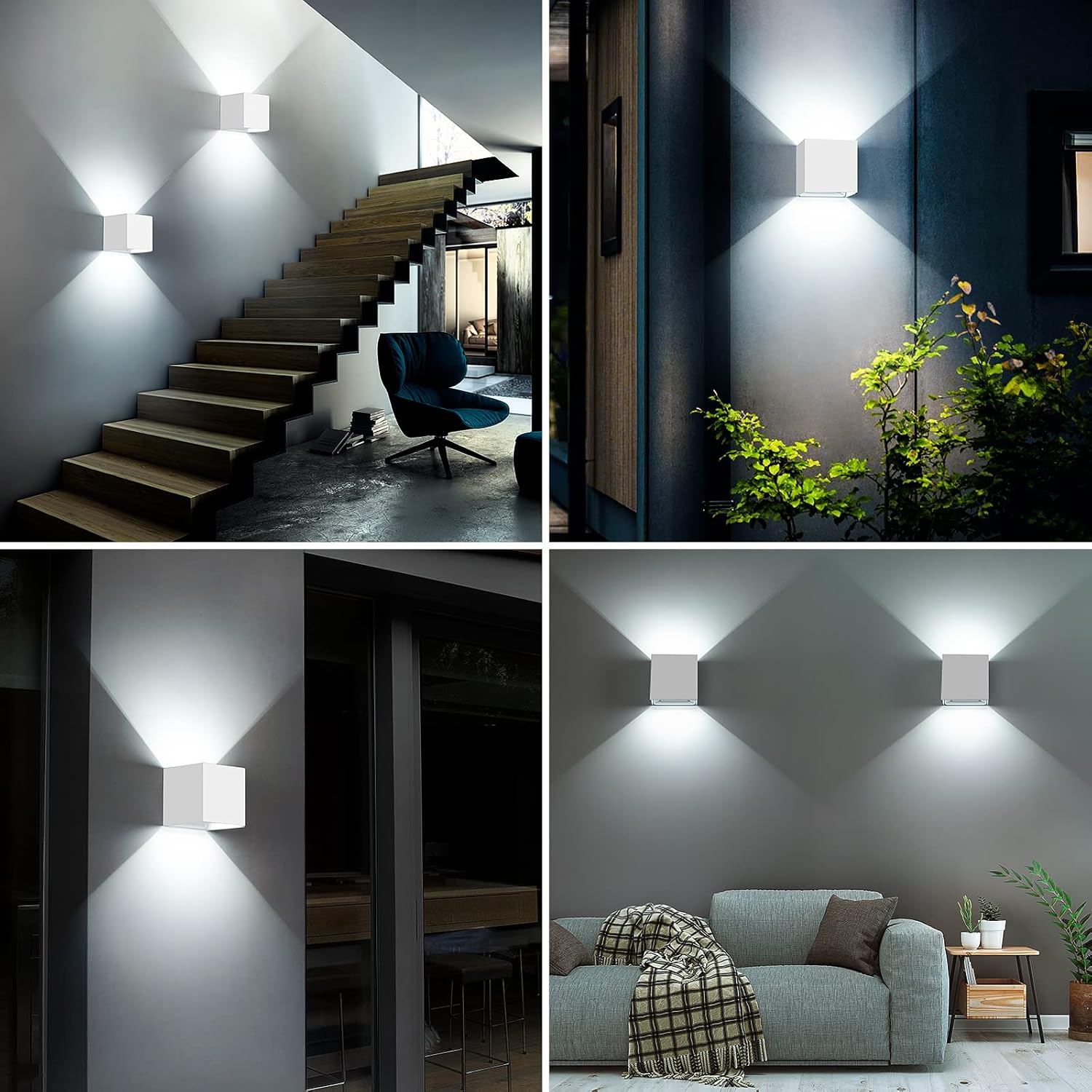 12 W Biała lampa ścienna zewnętrzna 10 x 5 x 10 cm, zestaw 2 sztuk, białe światło, kwadratowa, podwójna głowica, aluminium, ściemniacz