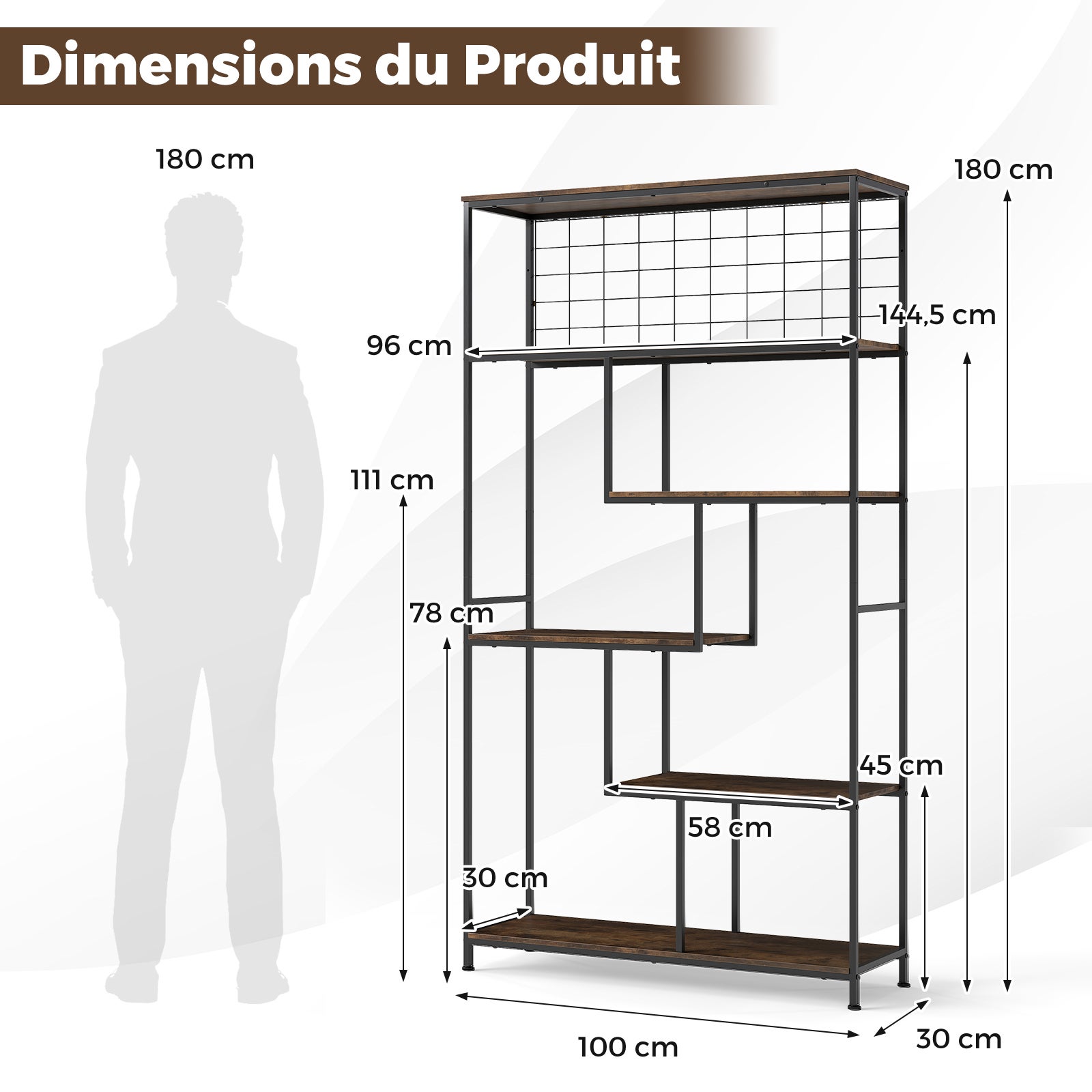 Support pour Plantes à 6 Niveaux, Bibliothèque Haute avec Filet en Métal, pour Salon Terrasse, 100 x 30 x 180 cm, Brun Rustique - 4