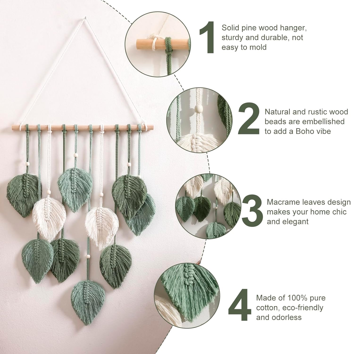 40 x 90 cm Tapisserie en macramé, tissée à la main, style bohème, motif feuilles gris-vert, décoration rustique à pompons pour chambre, salon, do - 5