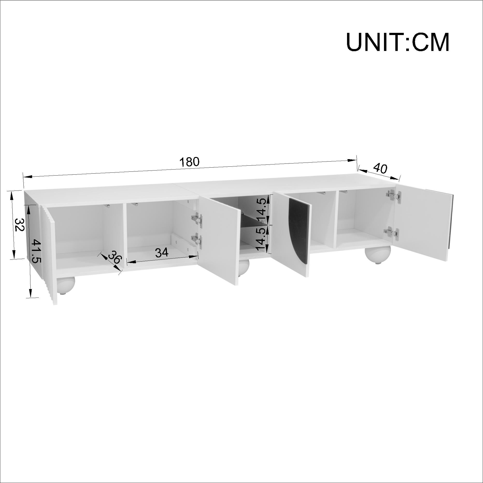 Nowoczesna szafka RTV z 4 drzwiami i 2 półkami - 180 x 40 x 41,5 cm - Płyta wiórowa + MDF - Biała - 3