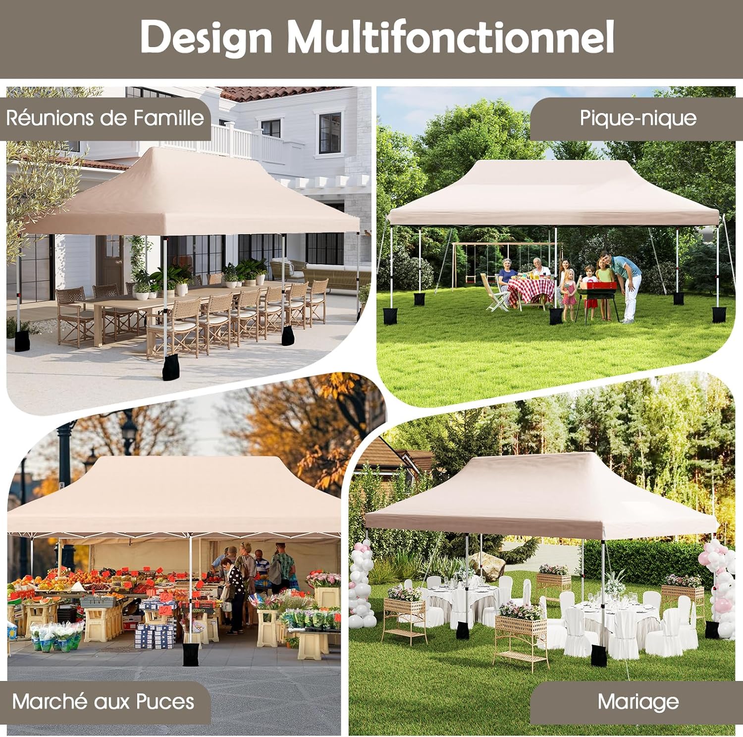 3x6M Tienda Gazebo Emergente, Gazebo Plegable Portátil con Bolsa de Transporte, 6 Sacos de Arena, Bodas (Beige) - 4