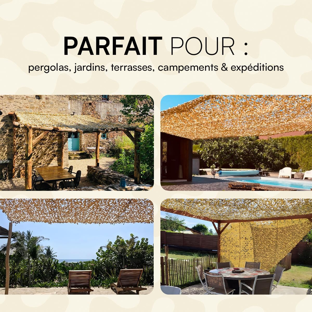 Filet de Camouflage Sable - 4x5 m - Protection Solaire & Voile d'Ombrage Anti-UV - Différentes Tailles et Couleurs - pour Terrasse, Pergola, Jardin - 5