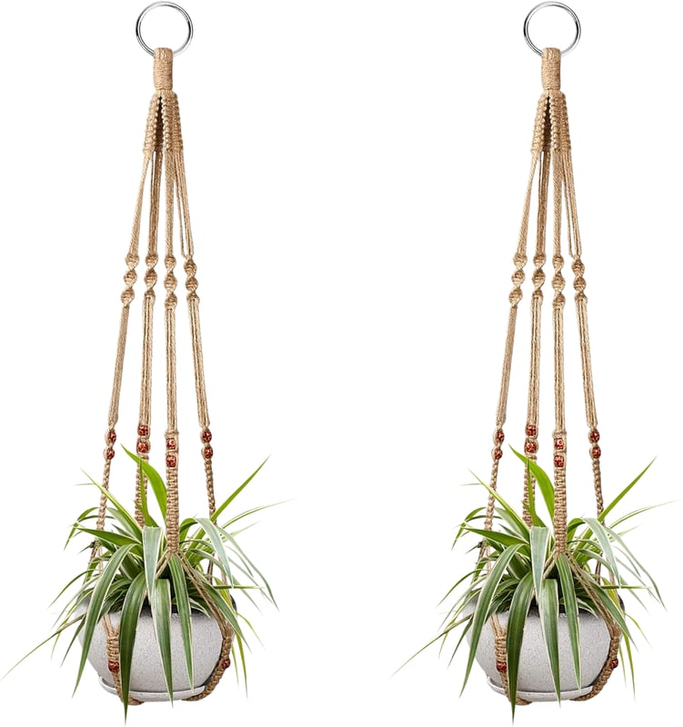 Wiszące kosze na rośliny doniczkowe, wykonane z bawełnianego i lnianego sznurka, o długości 85 cm każdy, ozdobione drewnianymi koralikami. Haczyki nie