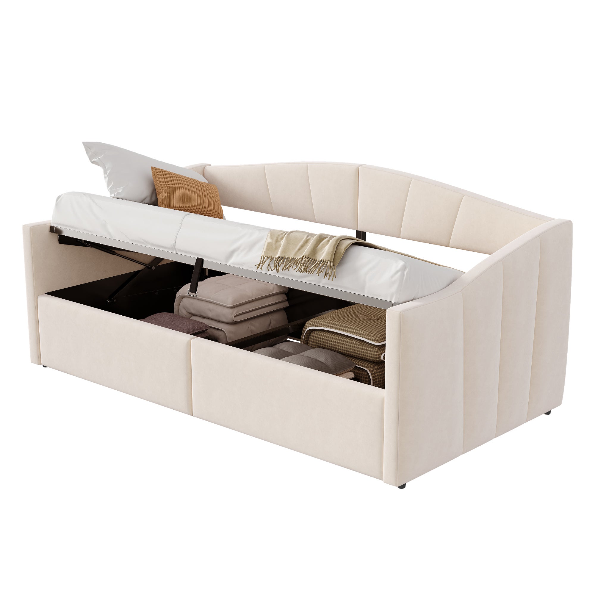 rozkładana sofa z pojemnikiem 90x200cm - stelaż lamelowy - tkanina welurowa - beżowy​ (materac nie jest wliczony w cenę) - 6