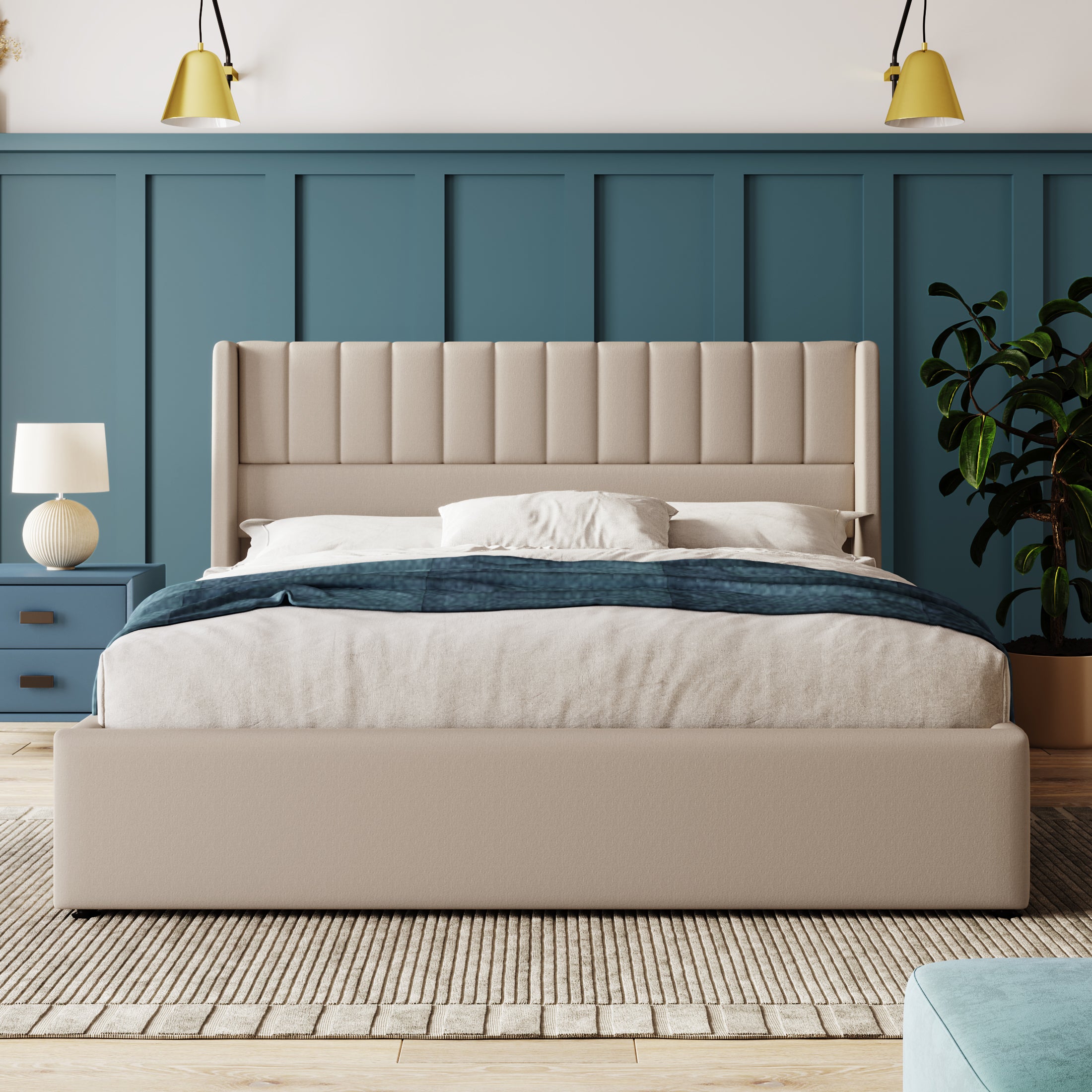 Lit Capitonné Double 140*200 cm - Coffre Sommier En Bois - Lit Sommier En Métal - Lin - Beige - Matelas Inclus - 3