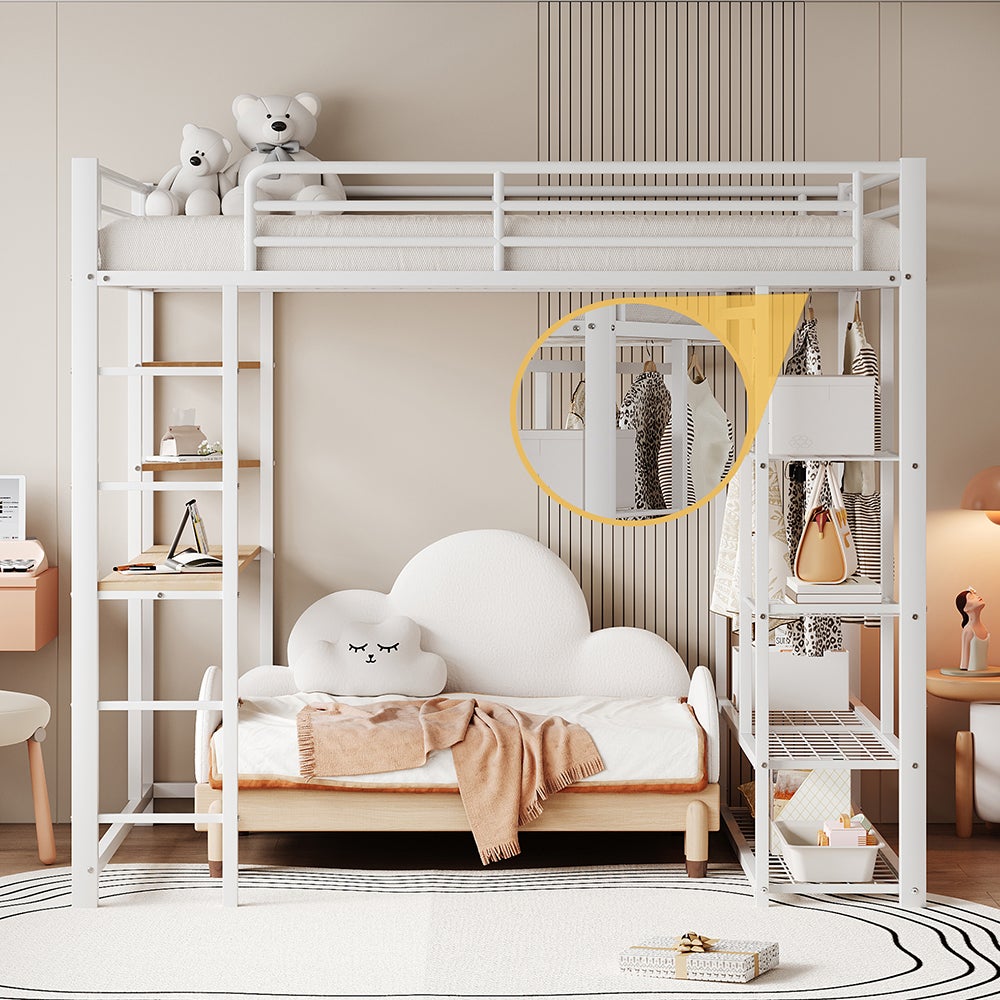 Letto A Soppalco 90x200cm Per Bambini - Con Scala E Ripiano, Bianco E Naturale - Foto 7