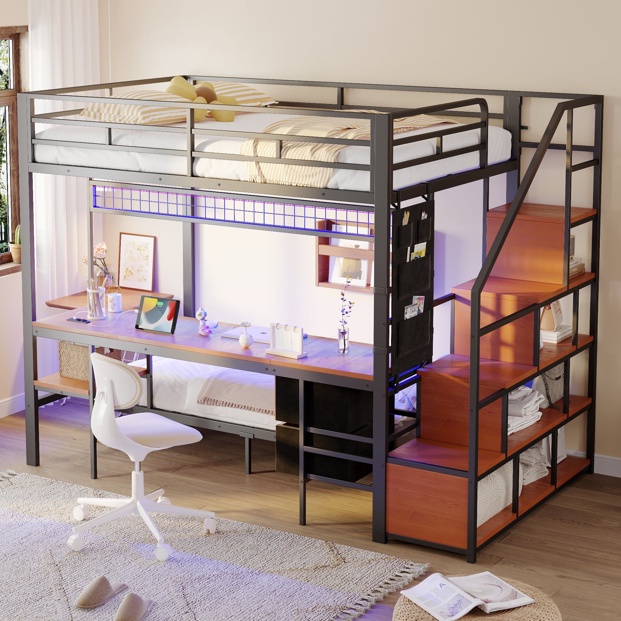 Łóżko Piętrowe Wielofunkcyjne ze Biurkiem, LED, Gniazdkami i Schowkami – Łóżko Górne 140x200, Łóżko Dolne 90x200 – Czarne