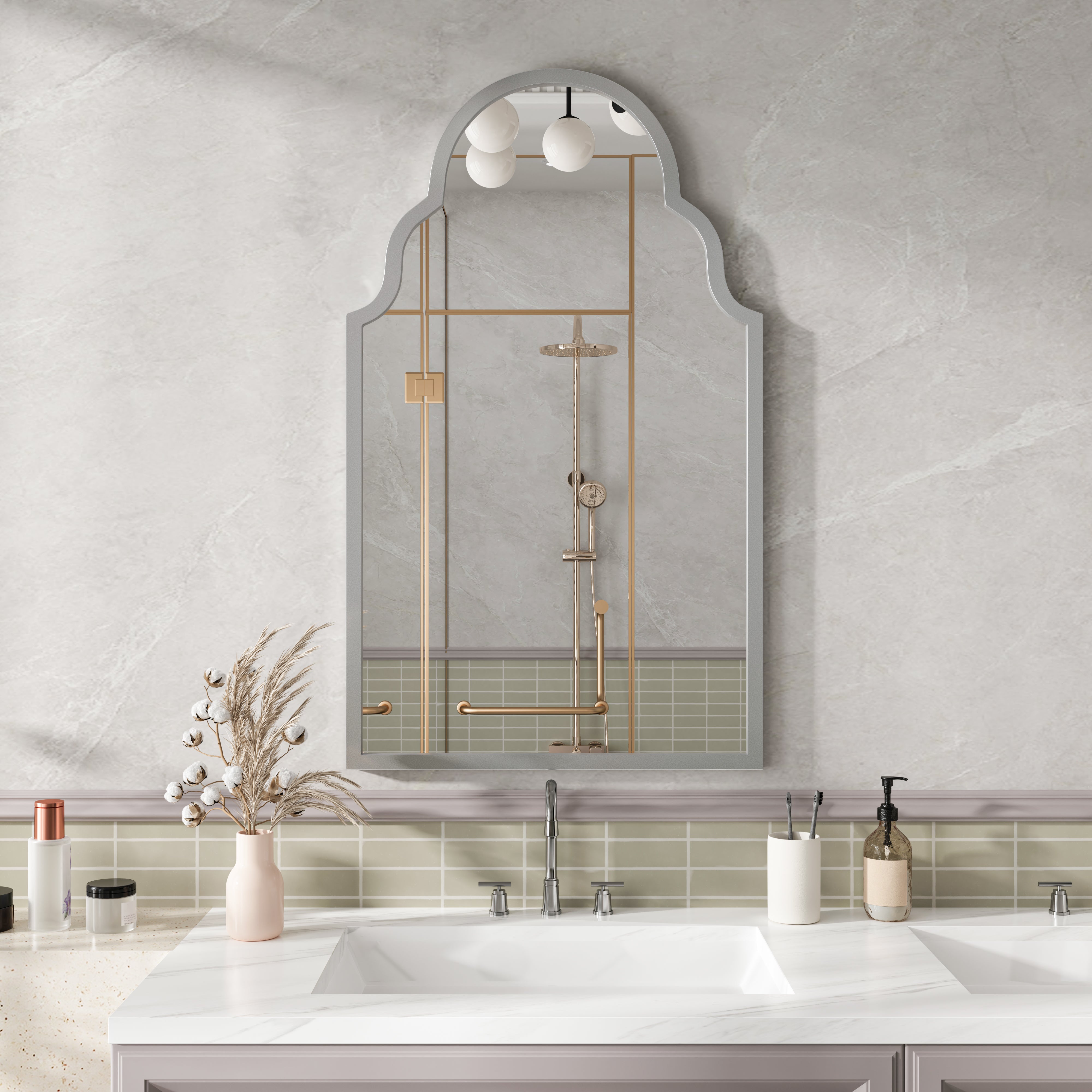 Specchio Rettangolare Per Bagno 61x122 Cm - Cornice In Metallo Argento Opaco, Vetro Temperato 4mm, Antiruggine - Montaggio Verticale/Orizzontale