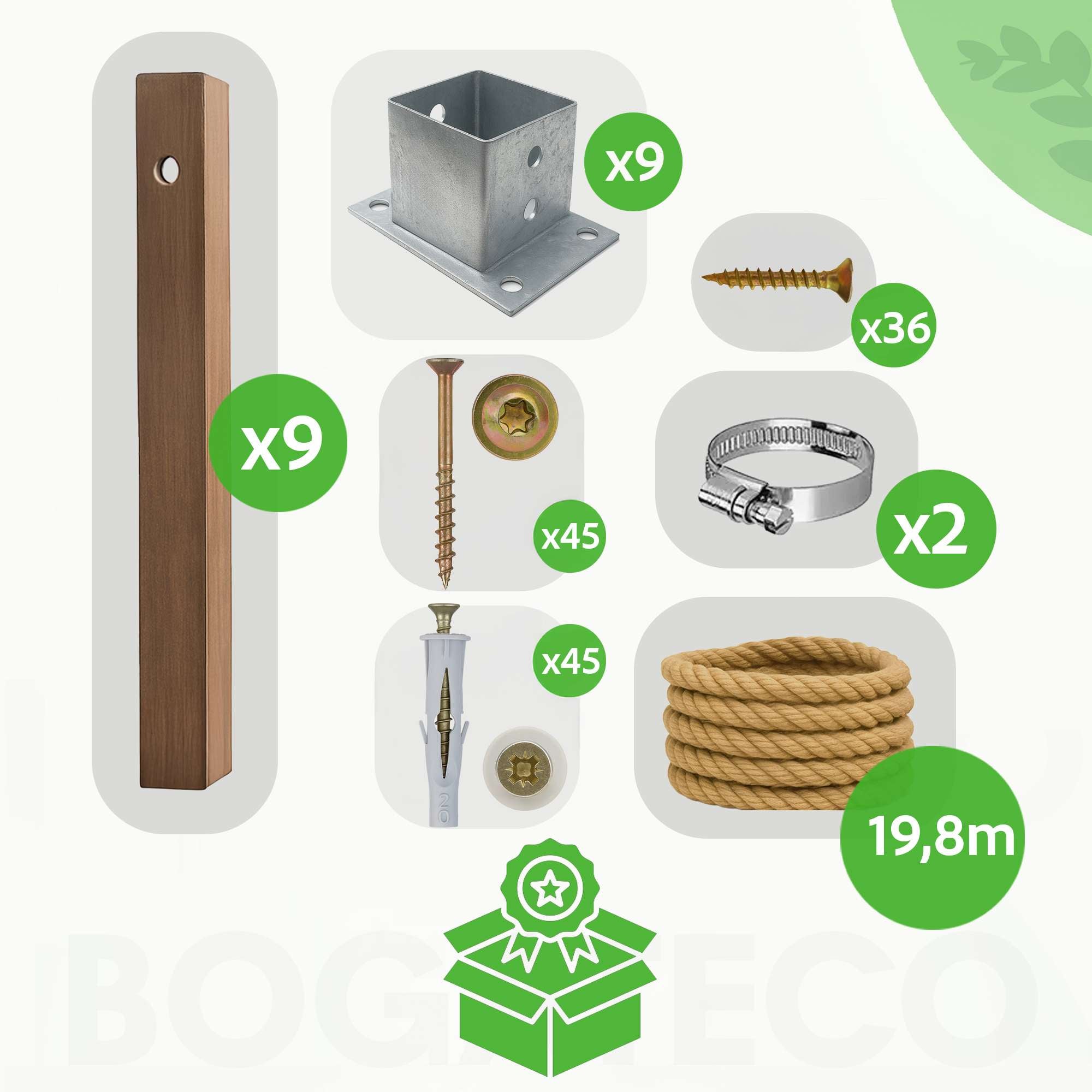 BOGATECO Clôture en bois avec corde de jute | Clôture voile 16 m|13 longueurs différentes|Kit de montage inclus Douille de terre avec plaque d'ancrage - 2