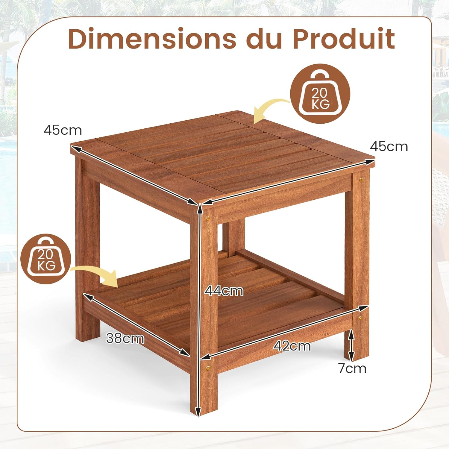 GIANTEX Table d’Appoint Extérieure en Bois à 2 Niveaux,Table Basse de Jardin Étagère de Rangement,Petite Table de Bistrot pour Patio Maison - 3