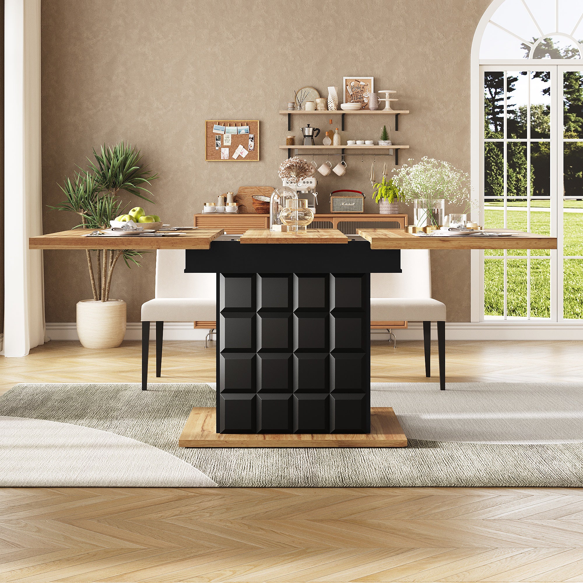 Table à manger extensible 4 à 6 couverts avec 2 portes - 110/140 x 80 x 75 cm - MDF - Noir + naturel - 2