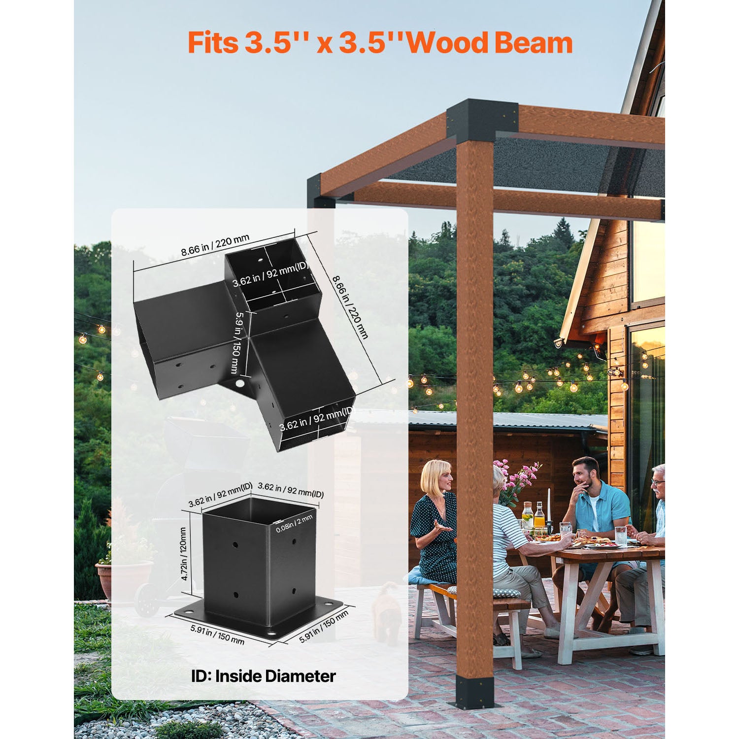 Kit SucceBuy supports pergola 8 pièces, 4 angles 3 voies, 4 bases, acier carbone, poutres bois standard, structures bois pour événements extérieurs - 2