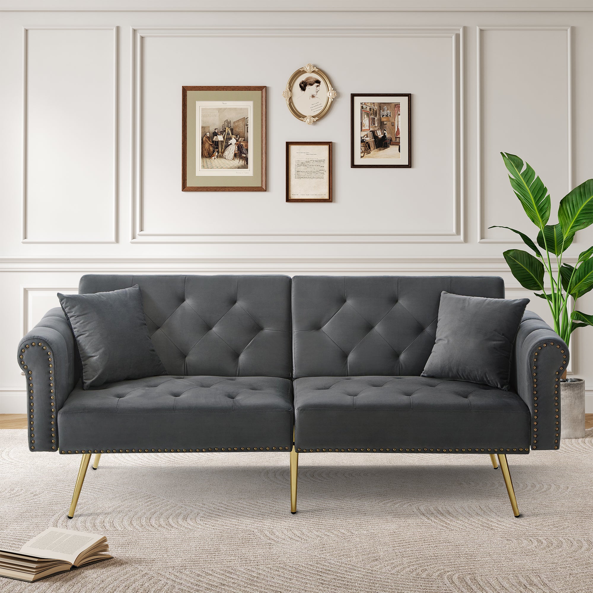 Canapé convertible - 3 places - ENZO - Tissu beige - 2 coussins - Coffre de rangement - 211 x 92 x 98 cm - Maison
