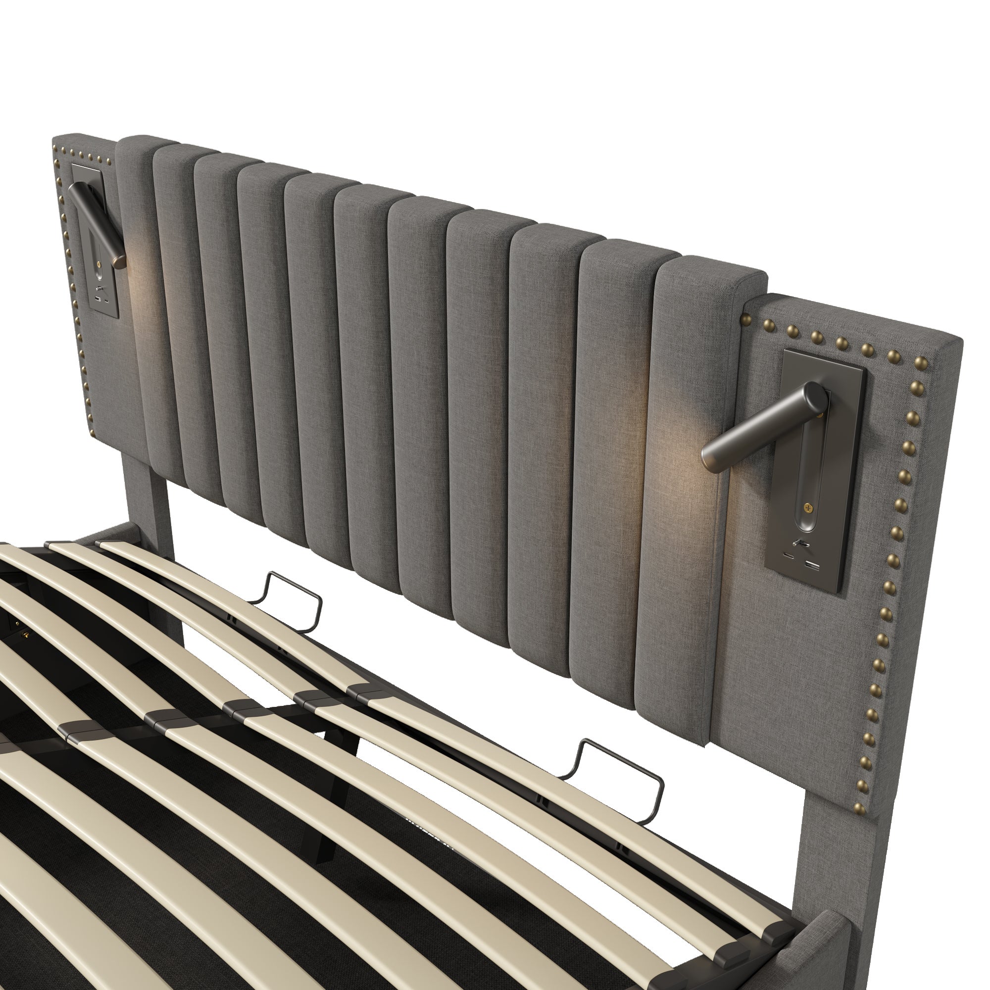 Cama contenedor de tela de algodón de 160x200 cm - con luces de lectura y puertos de carga USB - con somier - Gris - 6