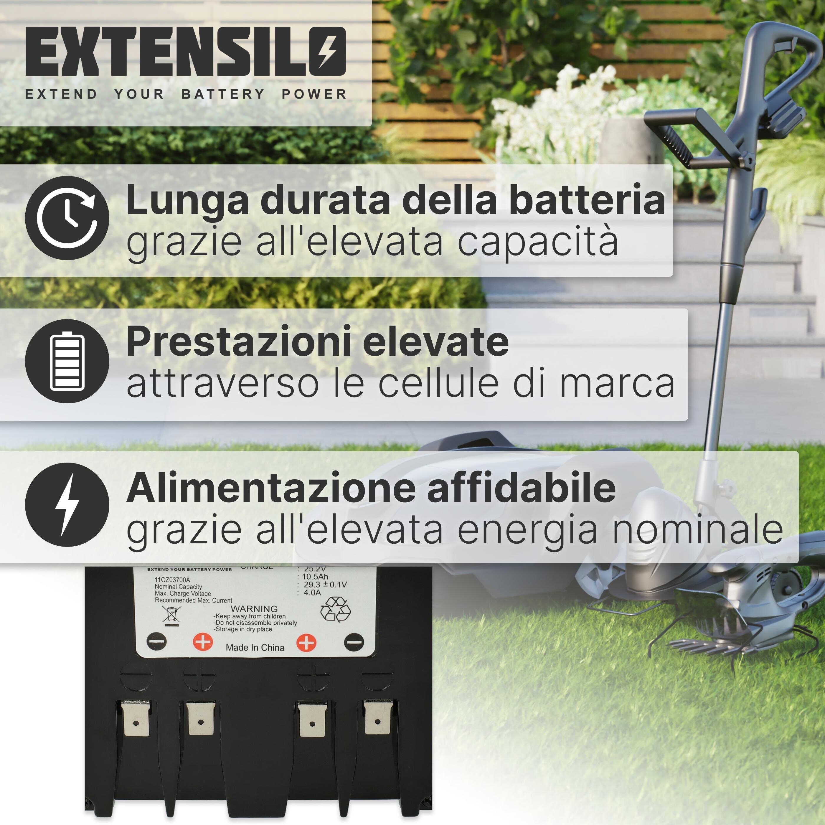 EXTENSILO Batterie compatible avec Lawnbott Lb1200, Lb1200 Spyder Ka, Lb1500, Lb1500 SpyderEVO robot tondeuse (10500mAh, 25,2V, Li-ion) - 7