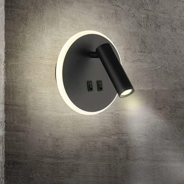 Podwójnie sprawdzana obrotowa lampa ścienna, lampka do czytania LED przy łóżku (czarna-okrągła białe światło (3W+8W)), odpowiednia do salonu