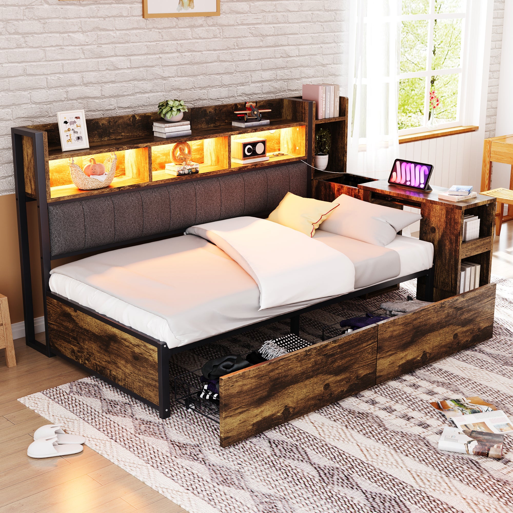 Łóżko dziecięce 90 x 200 cm z biurkiem, 2 szufladami i przegródkami - Żelazo + sklejka + MDF - Diody LED i gniazdo ładowania - Naturalne