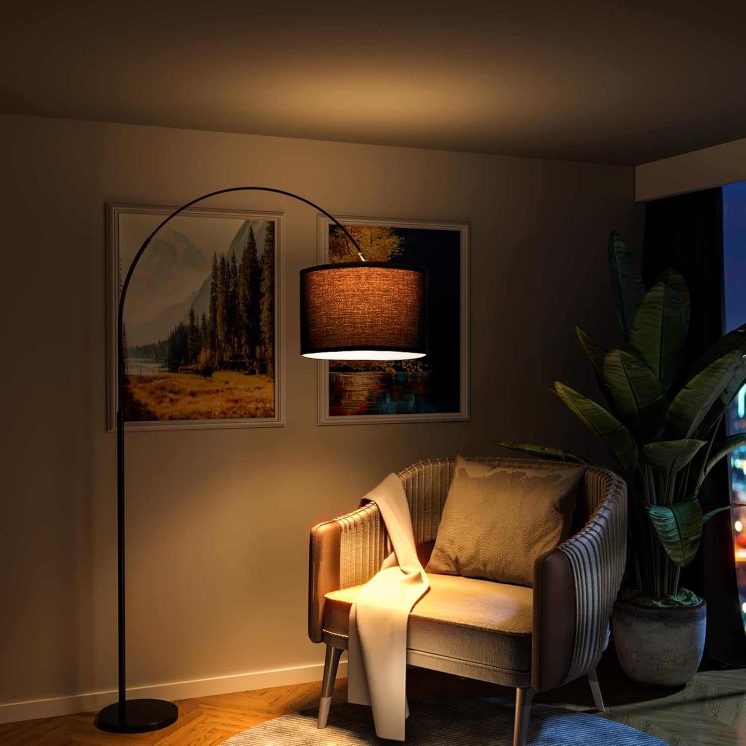 Lampadaire Arc, Lumière Chaude 3000K, LED E27 9W, Abat-Jour Noir 33cm, Interrupteur au Pied, Éclairage Doux pour Chambre, Bureau, Salon - 6