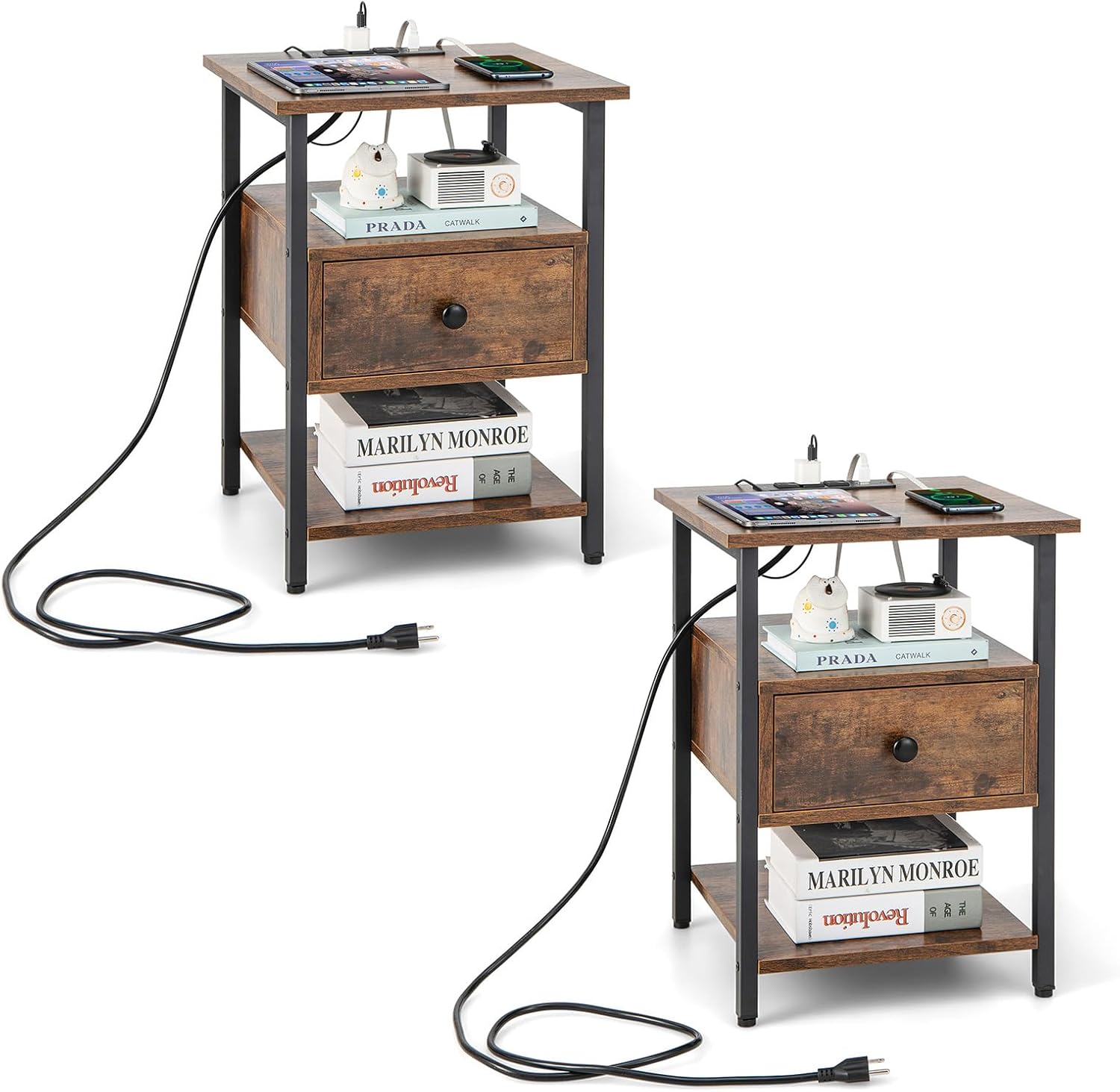 Comodino A 3 Piani Con Stazione Di Ricarica, Tavolino In Legno Con Ripiani Aperti E Cassetto Tavolino Con Struttura In Metallo Robusto Per Ca 95497005
