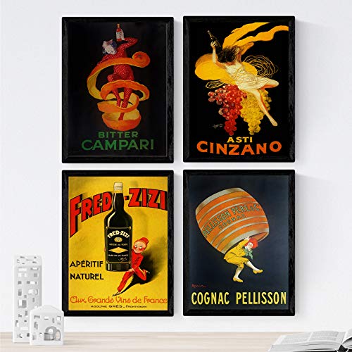 Posters vintage. posters con anuncios antiguos. cuatro carteles vintage de bebidas alcoholicas. campari, cinzano, cognac. sin marco - a3