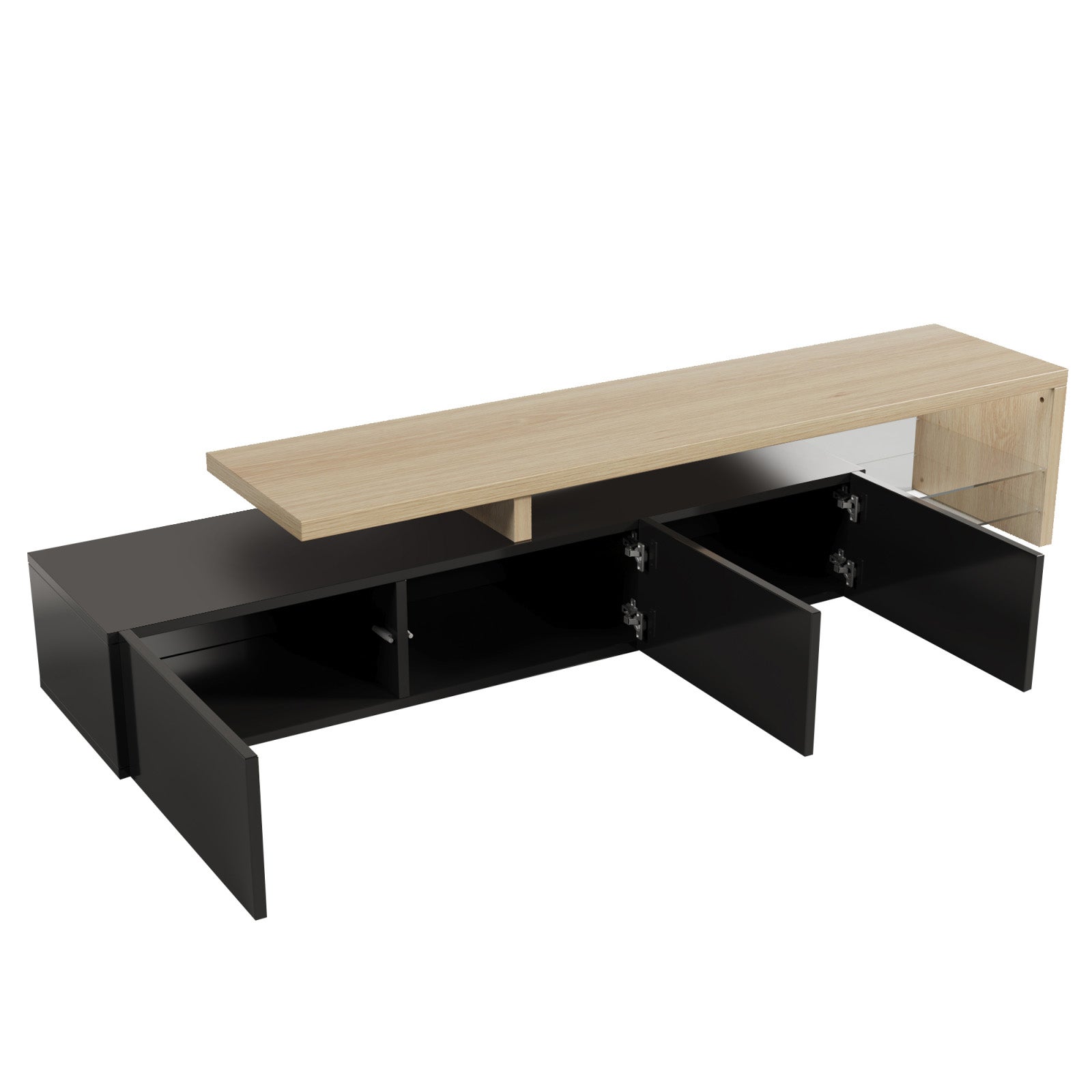 Meuble TV Moderne avec lumières LED Variables, 3 Portes et étagères en Verre – Noir - 5