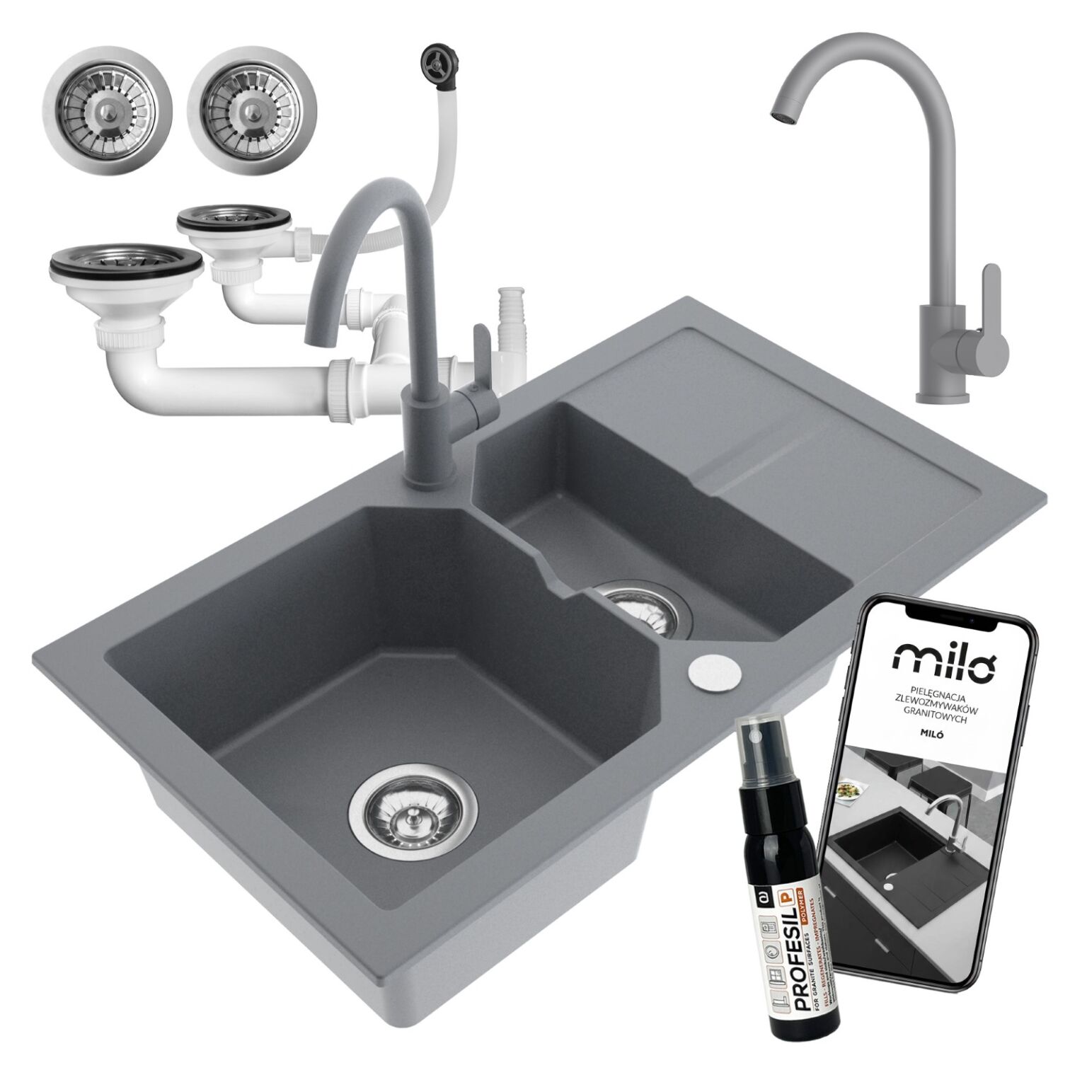 Zlewozmywak półtorakomorowy z ociekaczem Kenzo szary w zestawie z syfonem przyściennym i baterią Evo Select