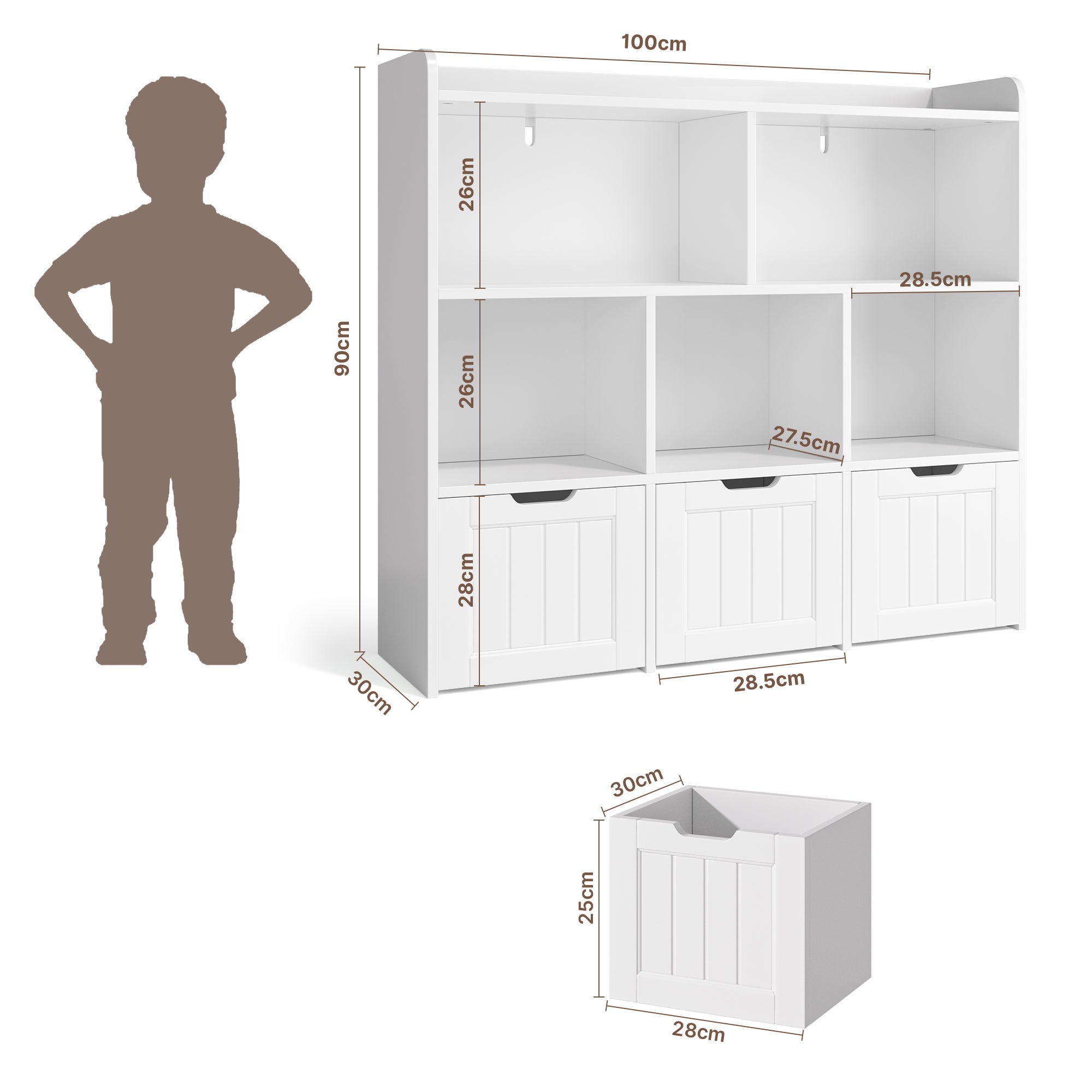 Armoire de Rangement pour Enfants Étagère 3 Tiroirs Grande Étagerie avec Boîtes de Rangement 100x30x90cm Bealife - 3