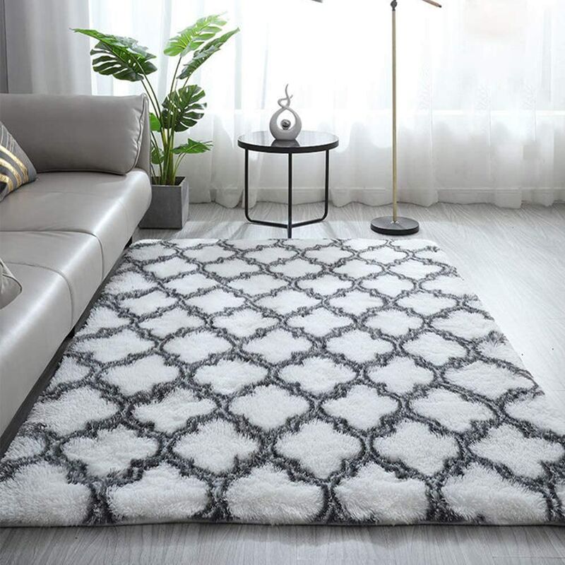 Dywan Shaggy do salonu 160x230cm Biały z wzorem - Dywanik nocny Dywan z długim włosiem Miękki dywan do salonu Sypialni Sofa