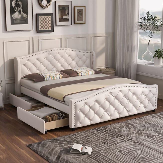 Letto Contenitore 140x200cm, 4 Cassetti con Ruote, Testiera Imbottita, Doghe in Acciaio, Lino Letto Contenitore 140x200cm, 4 Cassetti con Ruote, Testiera Imbottita, Doghe in Acciaio, Lino