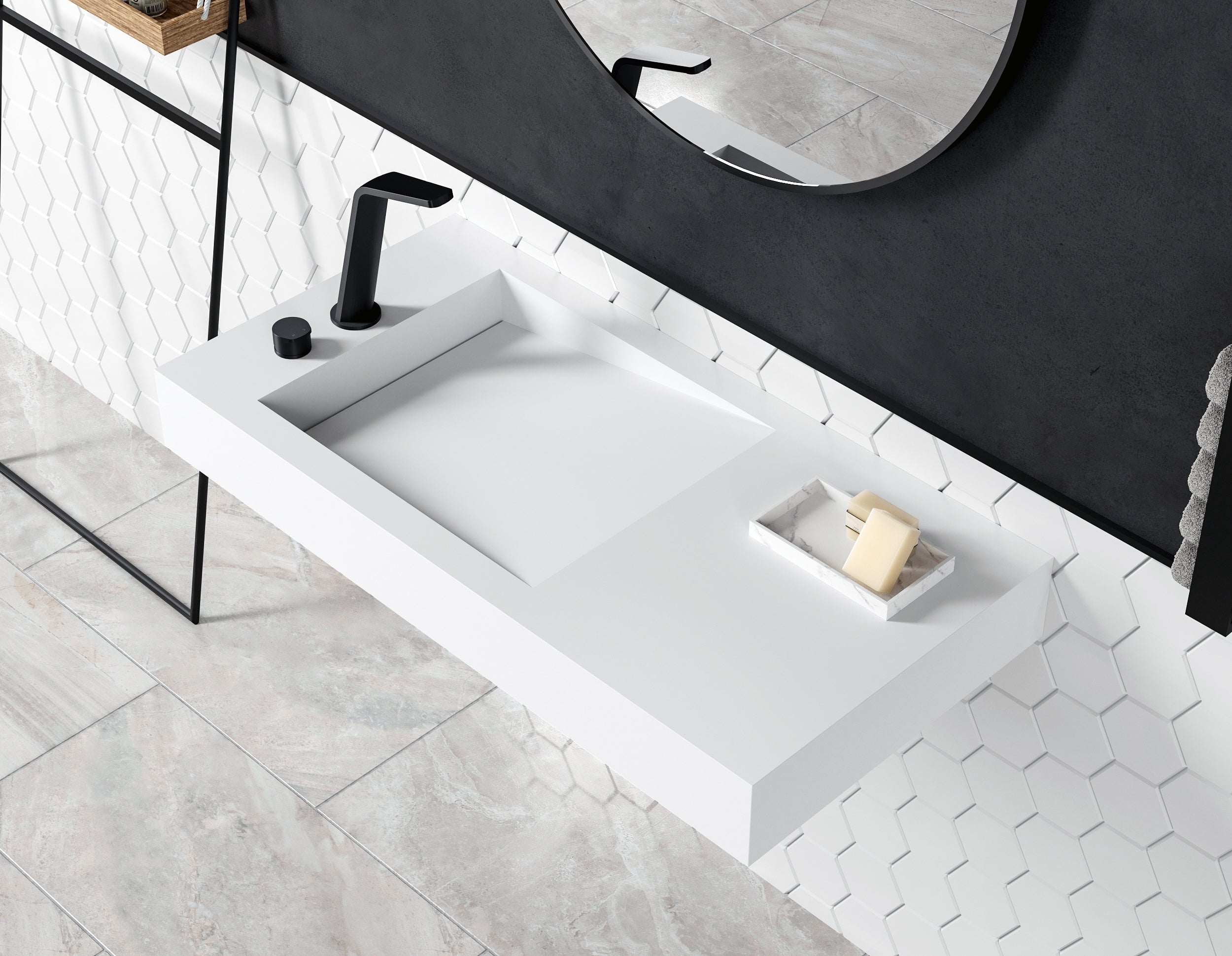 BERNSTEIN - Lavabo Vasque suspendu blanc mat 100x50x12cm en fonte minérale, montage mural, sans trou robinetterie - PB2155 - 2