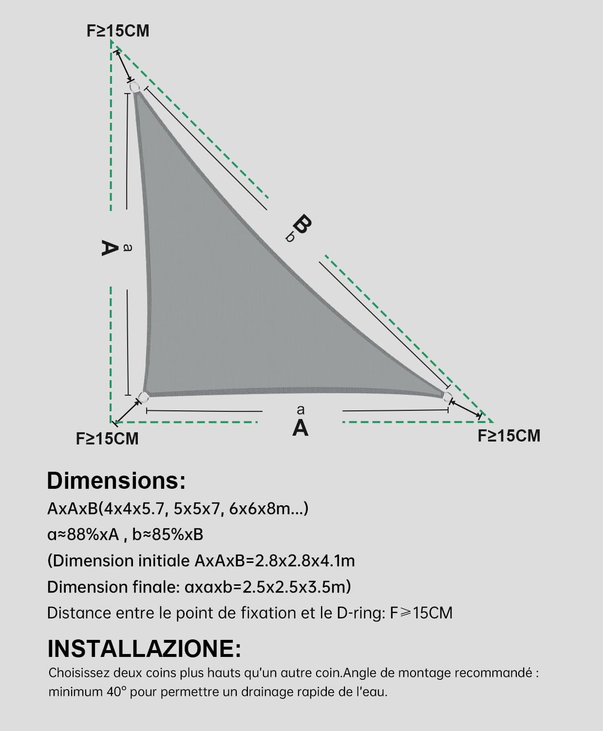 Voile d'ombrage Triangulaire 4x4x5.7m Imperméable à l'eau PES Toile d'ombrage Gris avec 95% de Protection UV pour Patio Extérieur Jardin - 3