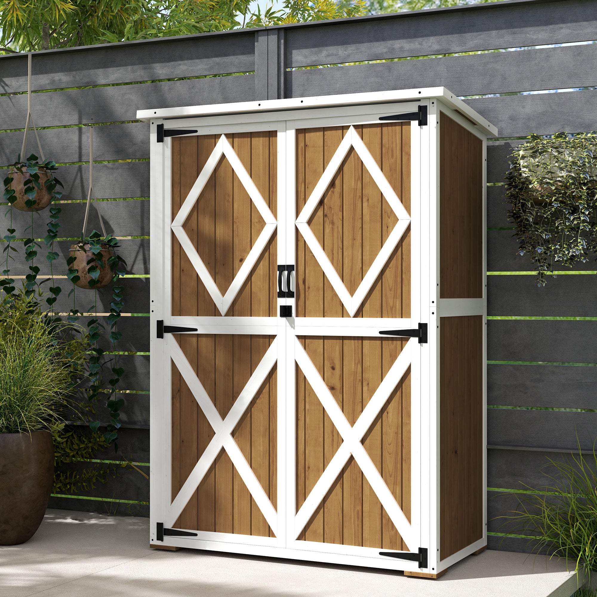 Outsunny Capanno da Giardino in Legno di Abete con 2 Ripiani e 2 Porte, 116.5x57x159/167 cm, Marrone e Bianco - 9