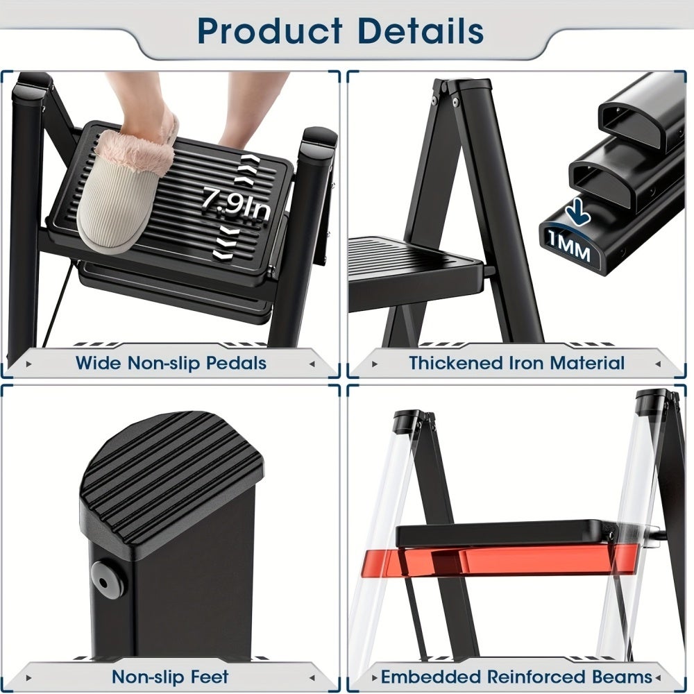 Escabeau pliant 4 marches pour adultes, pédales larges ergonomiques, pieds antidérapants, acier léger portable - 4