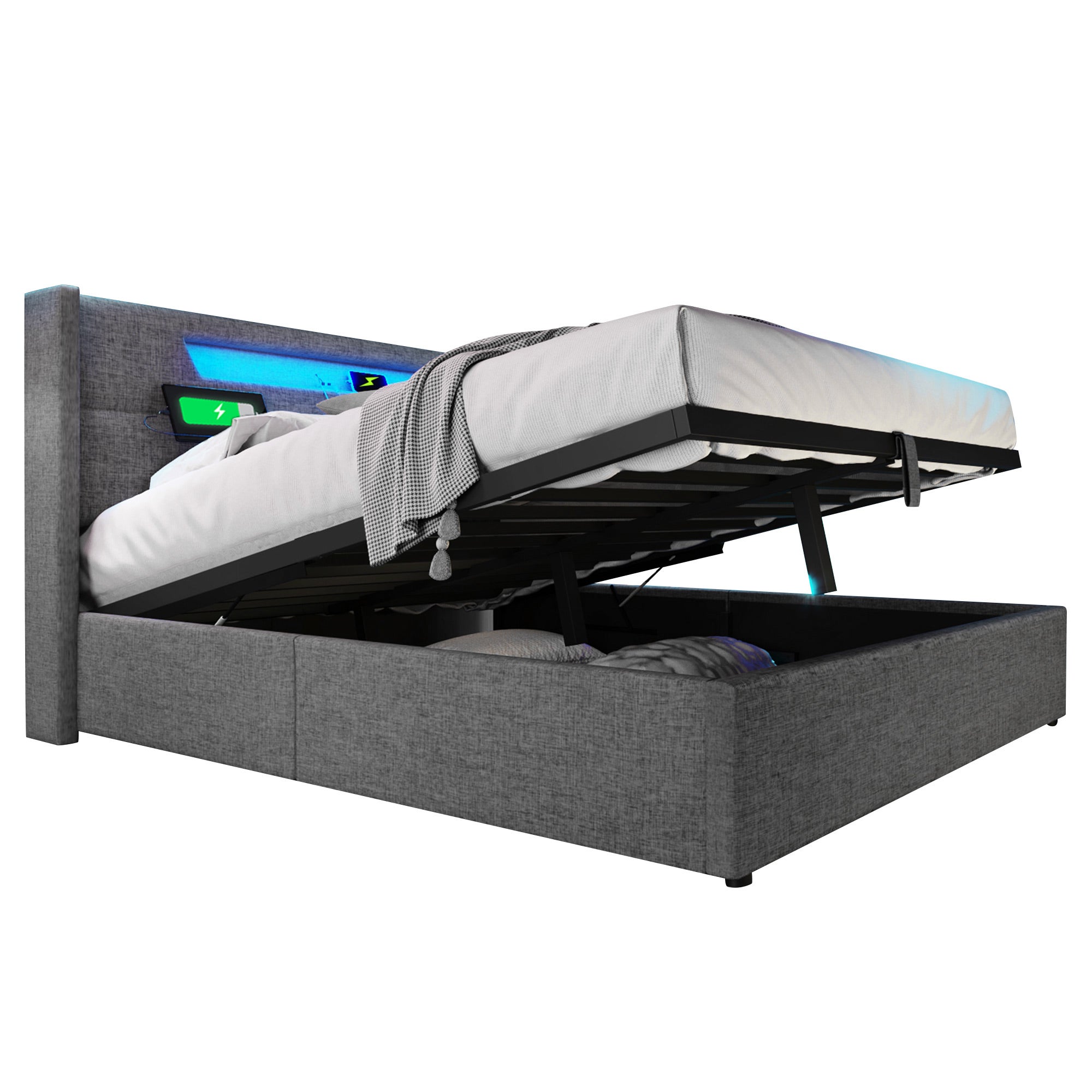 Cama contenedor para adultos 140 x 200 cm con cabecero - USB + Tipo C + LED - tejido de lino - gris - 2