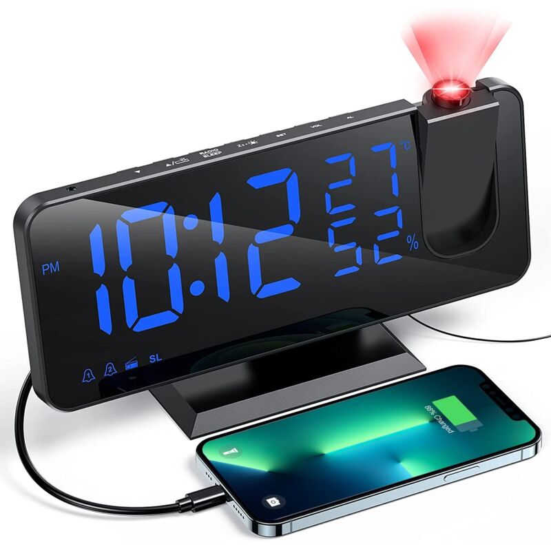 Ceas deșteptător cu proiector și radio, ceas digital, ceas deșteptător cu port USB, 3 niveluri de luminozitate reglabile
