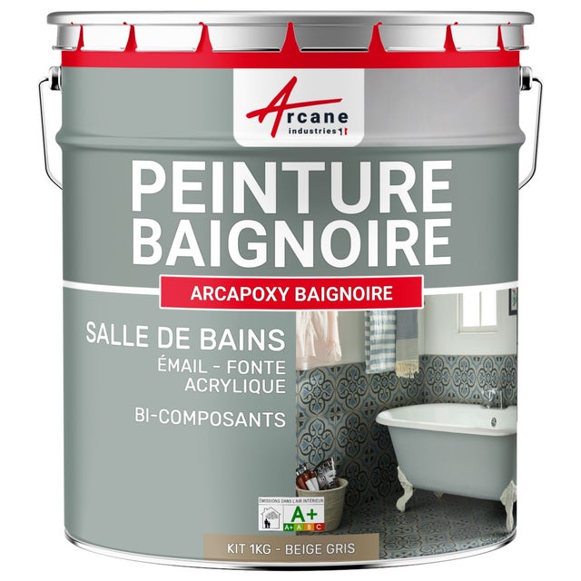 PEINTURE BAIGNOIRE LAVABO - Résine Époxy Pour Rénovation - 1 kg (jusqu'à 3 m² en 2 couches) Beige Gris - RAL 1019 - ARCANE INDUSTRIES