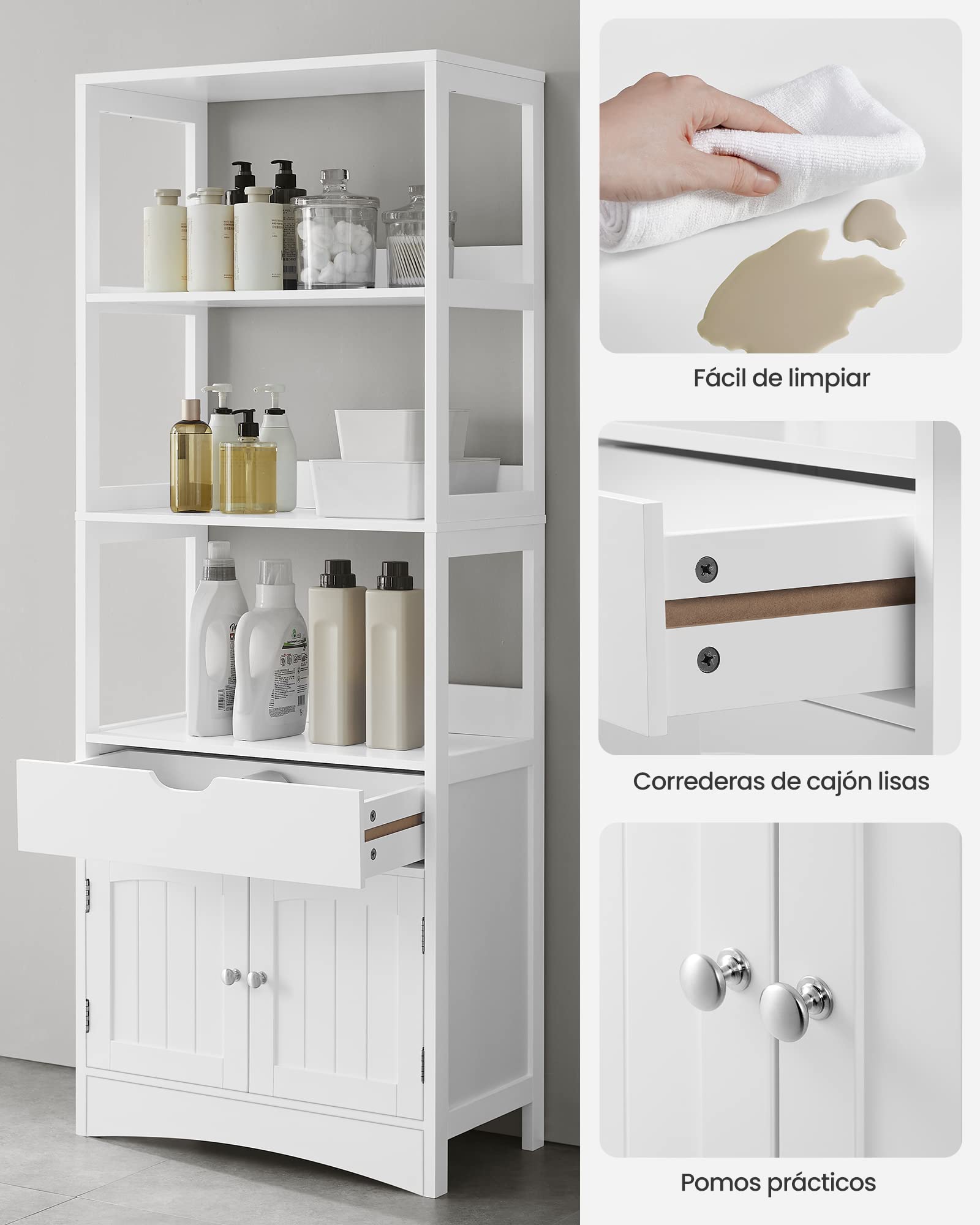 Meuble De Salle De Bain Avec 3 Compartiments Ouverts, 1 Tiroir, 1 Placard, 60 x 32,5 x 154 cm - 8