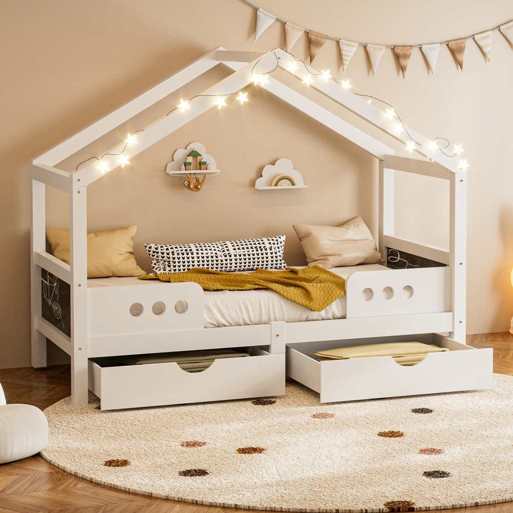 Lit superposé pour enfants avec toboggan et escaliers, bois massif + PB, barrières sur 4 côtés, compatible avec matelas 90×200 et 90×190 cm