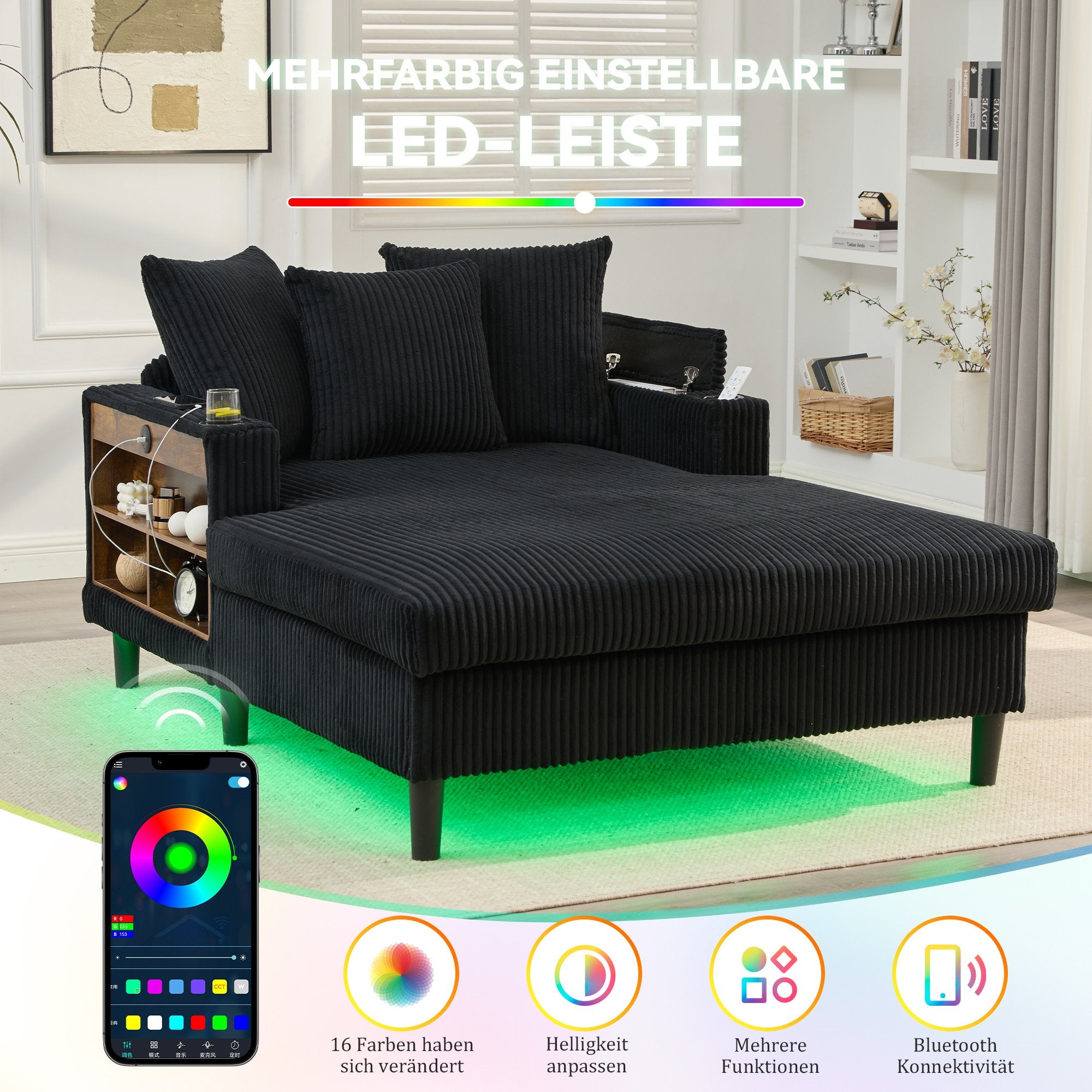 Canapé longue multifonction en velours côtelé avec LED port USB porte-gobelets, rangement, poche latérale 3 coussins salon maison - 5