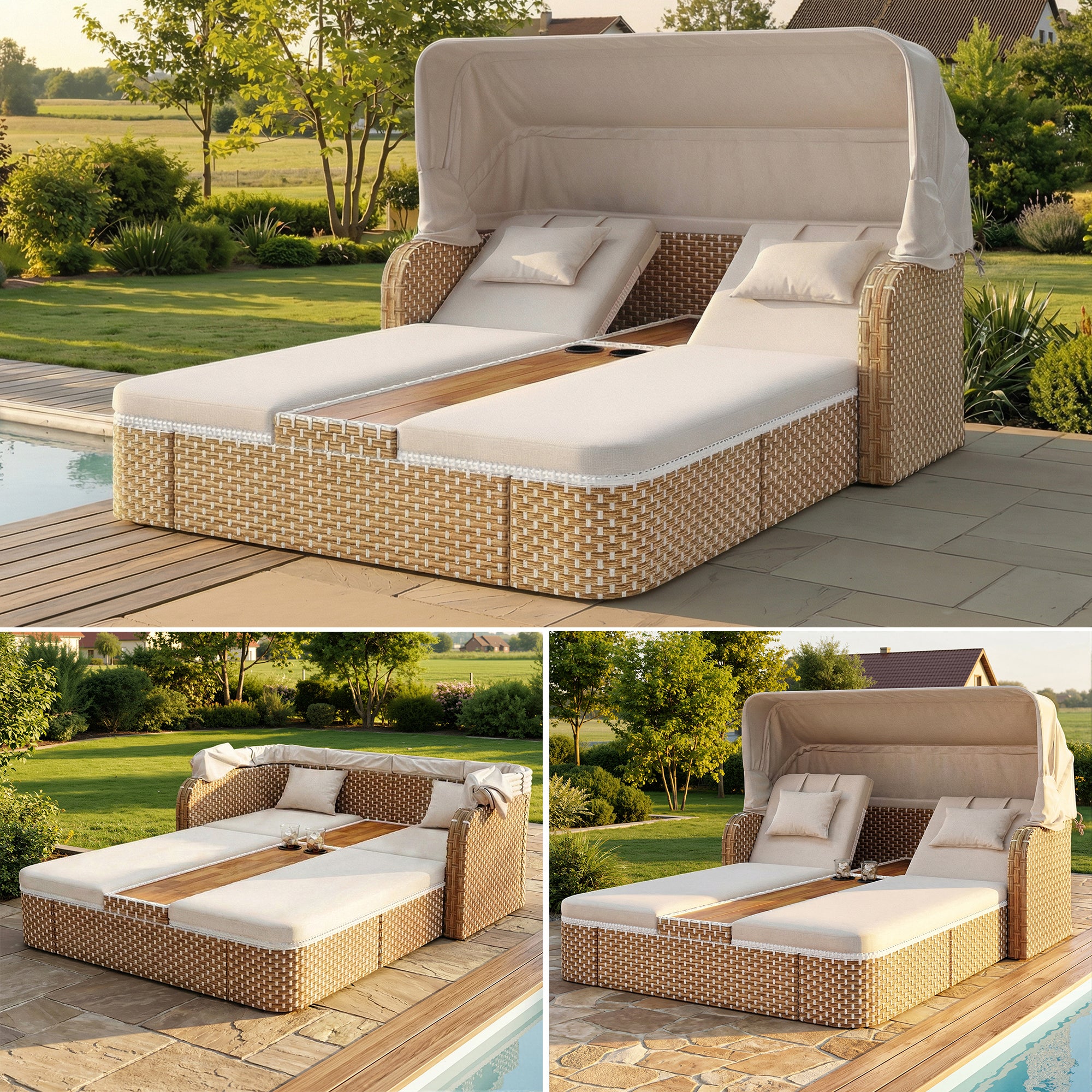 Zestaw wypoczynkowy ogrodowy z 2 rozkładanymi krzesłami, parasolem i 2 uchwytami na kubki – 192 x 160 x 137 cm – rattan PE, akacja i tkanina – beżowy