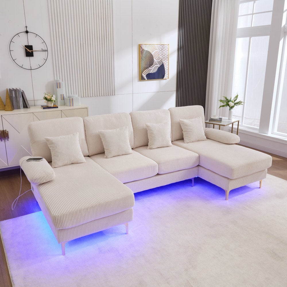 Sofa w kształcie litery U, nowoczesna, z oświetleniem LED, USB-C, rama z litego drewna, 4 poduszki, beżowa