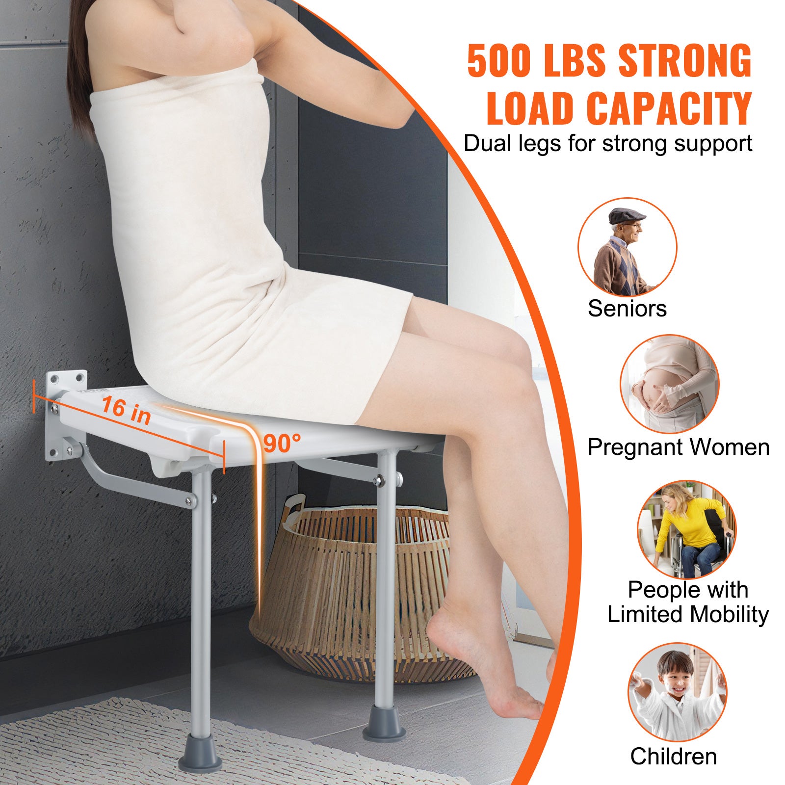 Asiento de ducha plegable de PE,expansión VEVOR 40x37,5 cm,taburete de ducha montado la pared,capacidad de carga de 500 libras,ahorro de espacio - 3