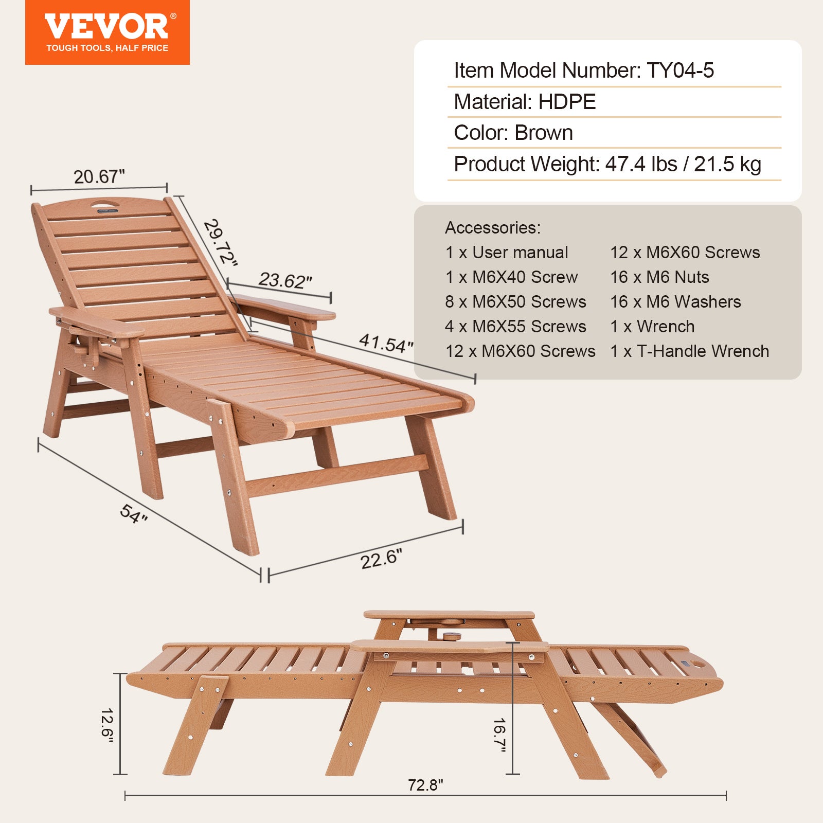Bain Soleil VEVOR, Charge 181 kg, PEHD, avec Dossier Réglable sur 6 Positions, Accoudoir, Porte-gobelet, pour Terrasse, Patio, Pelouse, Marron - 7