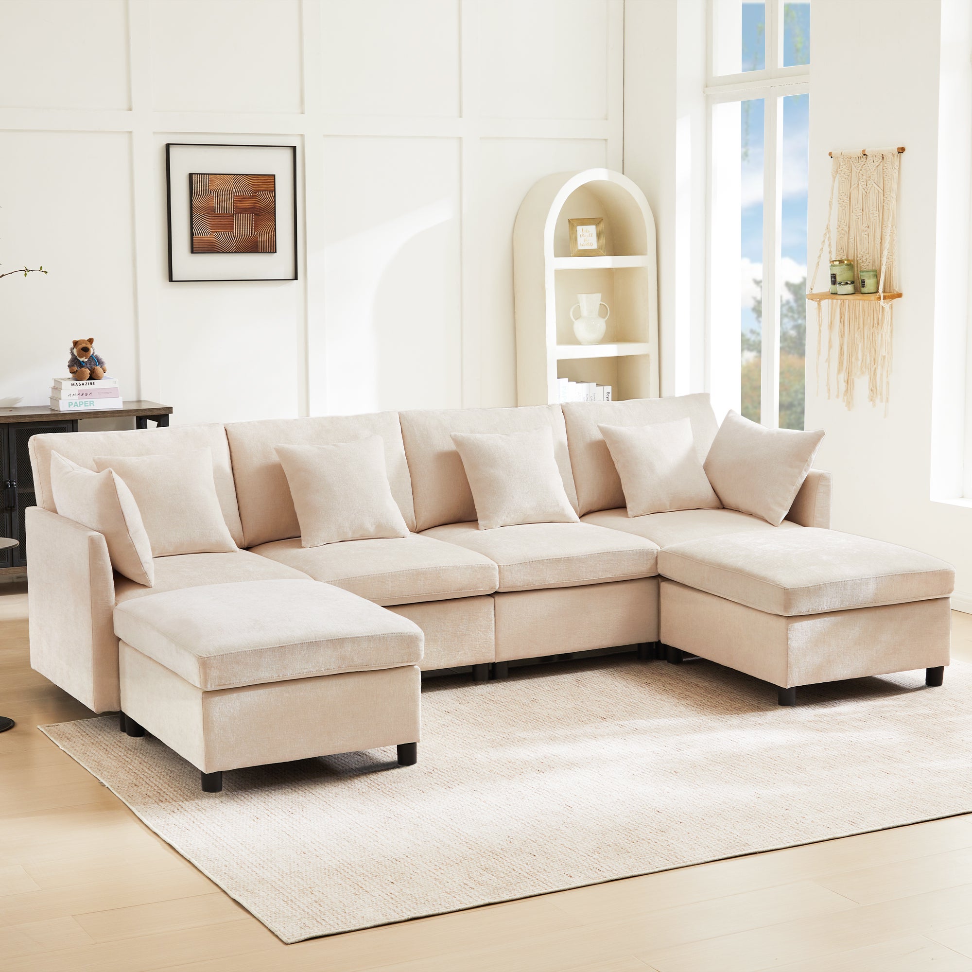 Canapé d'angle 4 places moderne avec repose-pieds - 278 x 161 x 81 cm - Tissu en chenille - Beige - 3