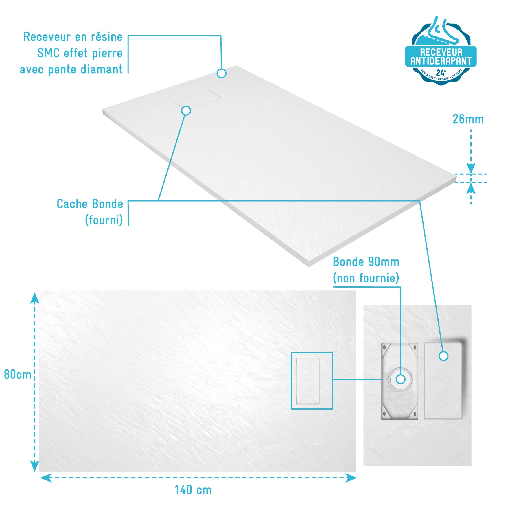 Receveur de douche 80x140x2.6 cm en SMC Finition Ardoise - Blanc Mat - ROCK 2 WHITE - 4