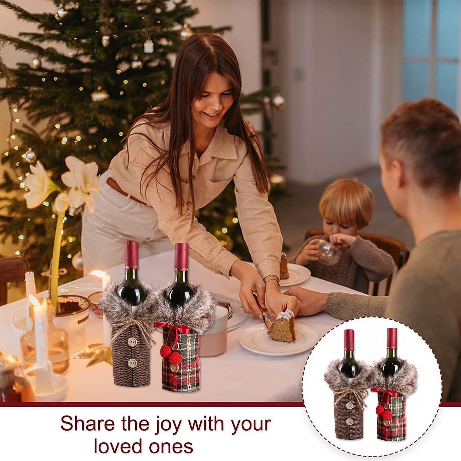 2 pezzi di copribottiglia di vino natalizio, borsa per bottiglia di vino rosso natalizio, coperchio per bottiglia di vino natalizio, per decorazione d - 5