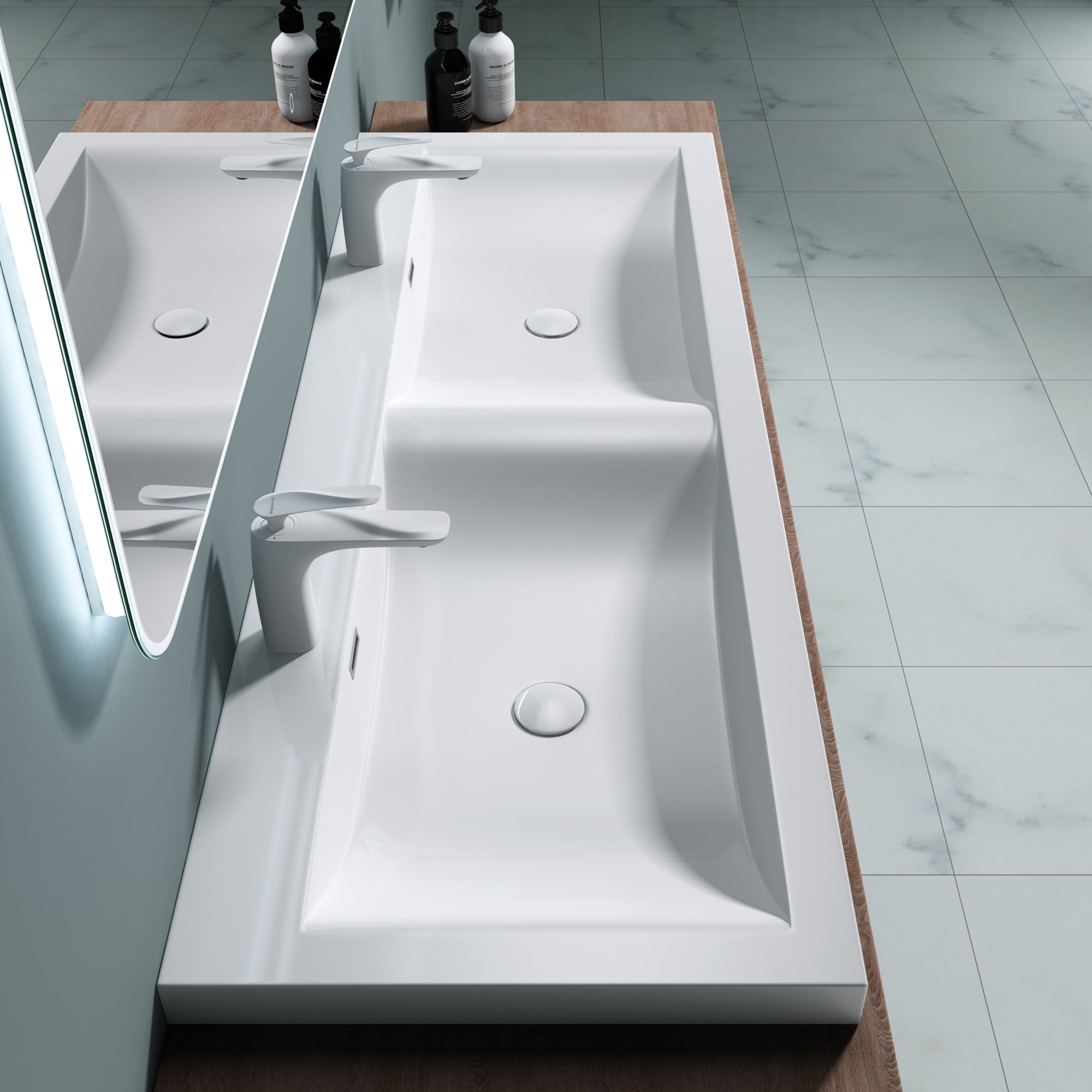 Double Lavabo, Lavabo à Encastrer, Vasque à Encastré, Lave-Mains, 144x48x12cm, Solid Surface, Colossum03 doporro - 5